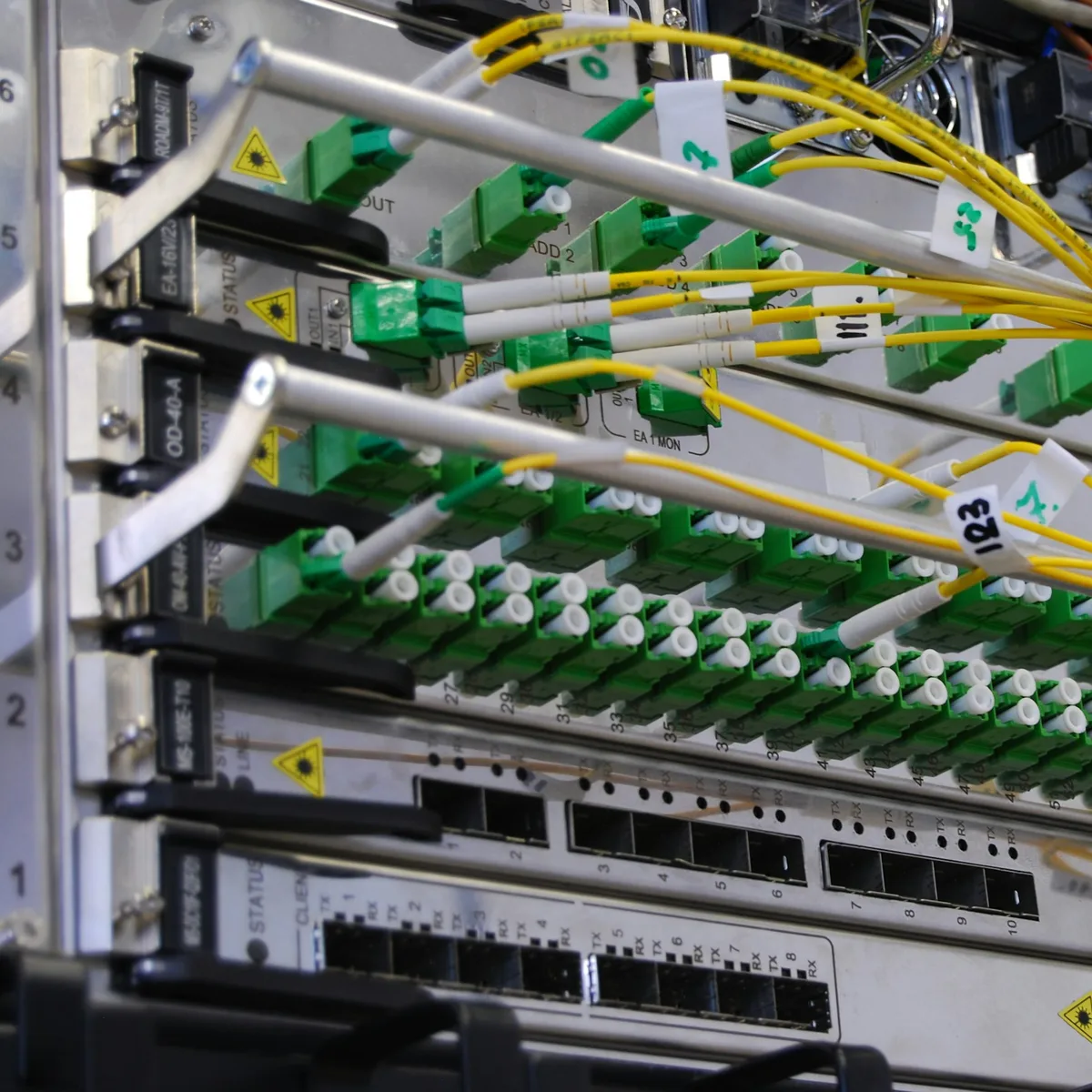 Optic-fiber telecommunication equipment in rack